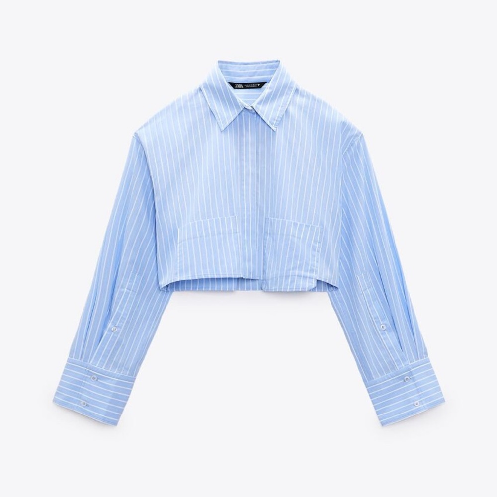 Women’s Zara Camisa Crop Popelin ButtonUp Top Medium Blue w pink & white stripes